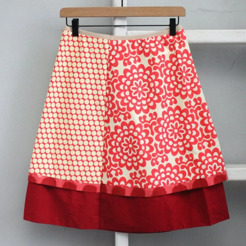 Orangyporangy Yellow Red Mixed Print Retro Rooster Farm A-Line Skirt Size Small - Picture 6 of 7